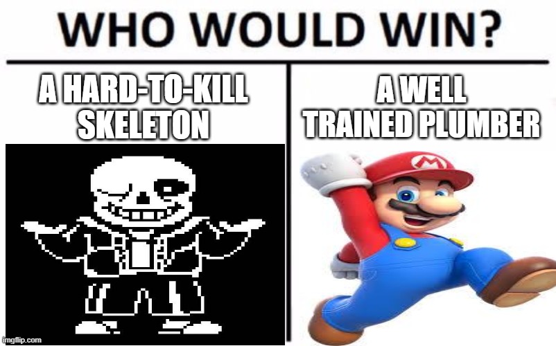 A HARD-TO-KILL SKELETON; A WELL TRAINED PLUMBER | image tagged in mario,sans undertale | made w/ Imgflip meme maker