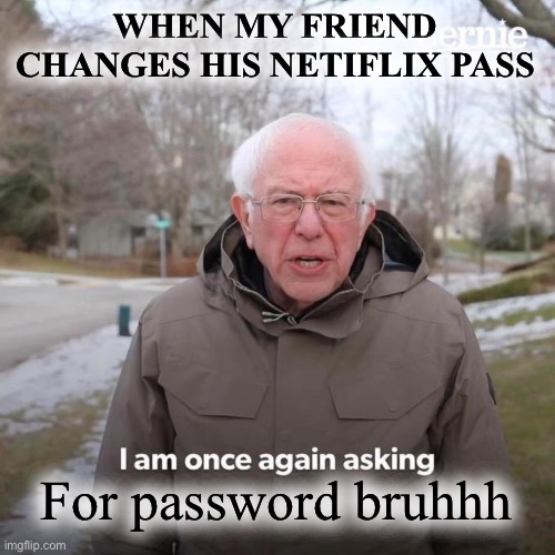 Bernie I Am Once Again Asking For Your Support | WHEN MY FRIEND CHANGES HIS NETIFLIX PASS; For password bruhhh | image tagged in memes,bernie i am once again asking for your support | made w/ Imgflip meme maker