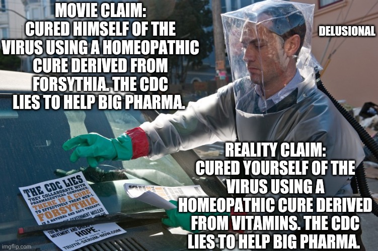 Movie Contagion was a prophecy, change my mind | DELUSIONAL; MOVIE CLAIM: CURED HIMSELF OF THE VIRUS USING A HOMEOPATHIC CURE DERIVED FROM FORSYTHIA. THE CDC LIES TO HELP BIG PHARMA. REALITY CLAIM: CURED YOURSELF OF THE VIRUS USING A HOMEOPATHIC CURE DERIVED FROM VITAMINS. THE CDC LIES TO HELP BIG PHARMA. | image tagged in covid-19,coronavirus,movies,government,government corruption,big pharma | made w/ Imgflip meme maker