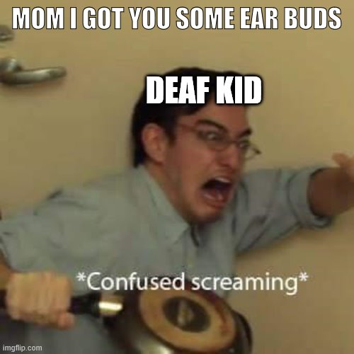 filthy frank confused scream | MOM I GOT YOU SOME EAR BUDS; DEAF KID | image tagged in filthy frank confused scream | made w/ Imgflip meme maker