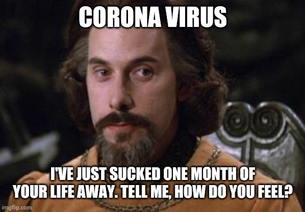 The Princess Bride |  CORONA VIRUS; I'VE JUST SUCKED ONE MONTH OF YOUR LIFE AWAY. TELL ME, HOW DO YOU FEEL? | image tagged in the princess bride | made w/ Imgflip meme maker