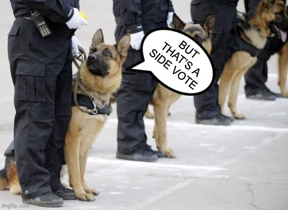 police dogs | BUT THAT’S A SIDE VOTE | image tagged in police dogs | made w/ Imgflip meme maker