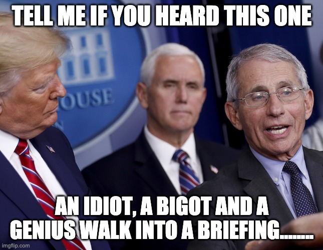 Briefing | TELL ME IF YOU HEARD THIS ONE; AN IDIOT, A BIGOT AND A GENIUS WALK INTO A BRIEFING........ | image tagged in politics | made w/ Imgflip meme maker