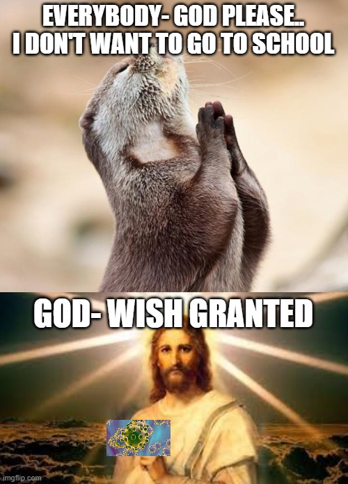 God closed school but at a great cost | EVERYBODY- GOD PLEASE.. I DON'T WANT TO GO TO SCHOOL; GOD- WISH GRANTED | image tagged in animal praying | made w/ Imgflip meme maker