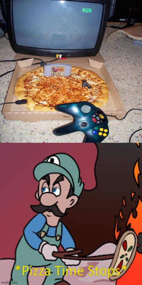 An actual pizza being used as a video game system | image tagged in pizza,pizza time stops,gaming,funny,memes,cursed image | made w/ Imgflip meme maker