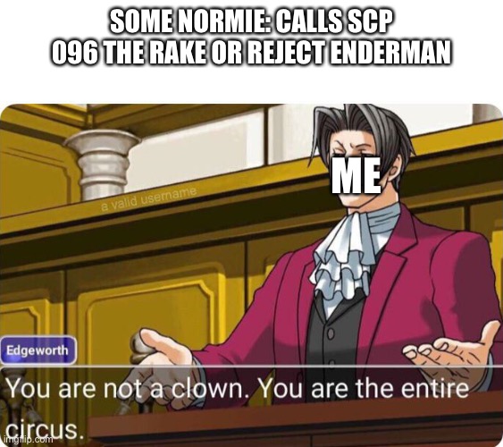 You are not a clown. You are the entire circus. | SOME NORMIE: CALLS SCP 096 THE RAKE OR REJECT ENDERMAN; ME | image tagged in you are not a clown you are the entire circus | made w/ Imgflip meme maker