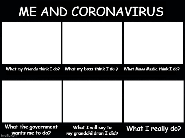 What my friends think I do | ME AND CORONAVIRUS; What my boss think I do ? What my friends think I do? What Mass Media think I do? What I really do? What the government wants me to do? What I will say to my grandchildren I did? | image tagged in what my friends think i do | made w/ Imgflip meme maker