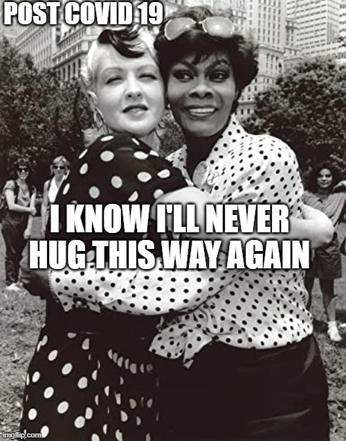 covid 19 | POST COVID 19; I KNOW I'LL NEVER
HUG THIS WAY AGAIN | image tagged in dionne warwick,cyndi lauper,hugging | made w/ Imgflip meme maker