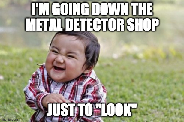 Evil Toddler Meme | I'M GOING DOWN THE
METAL DETECTOR SHOP; JUST TO "LOOK" | image tagged in memes,evil toddler | made w/ Imgflip meme maker