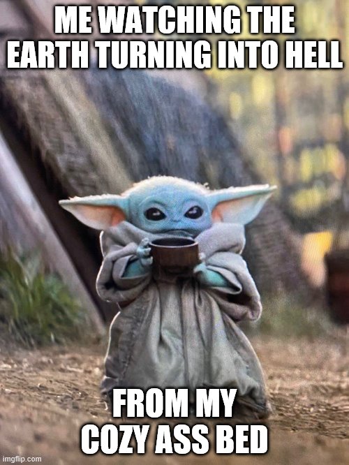 BABY YODA TEA | ME WATCHING THE EARTH TURNING INTO HELL; FROM MY COZY ASS BED | image tagged in baby yoda tea | made w/ Imgflip meme maker