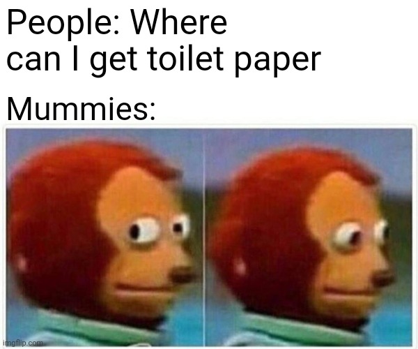 Monkey Puppet | People: Where can I get toilet paper; Mummies: | image tagged in memes,monkey puppet | made w/ Imgflip meme maker