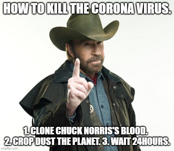 Chuck Norris Finger Meme | HOW TO KILL THE CORONA VIRUS. 1. CLONE CHUCK NORRIS'S BLOOD.   2. CROP DUST THE PLANET. 3. WAIT 24HOURS. | image tagged in memes,chuck norris finger,chuck norris | made w/ Imgflip meme maker