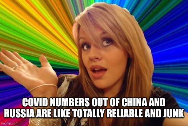 Dumb Blonde Meme | COVID NUMBERS OUT OF CHINA AND RUSSIA ARE LIKE TOTALLY RELIABLE AND JUNK | image tagged in memes,dumb blonde | made w/ Imgflip meme maker