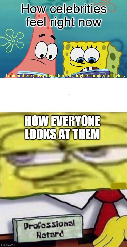 How celebrities feel right now; HOW EVERYONE LOOKS AT THEM | image tagged in spongebob professional retard | made w/ Imgflip meme maker