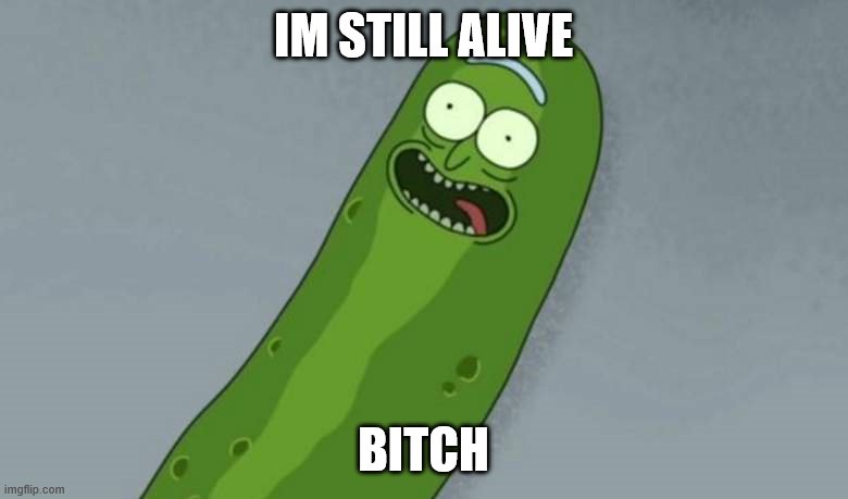 Pickle rick | IM STILL ALIVE B**CH | image tagged in pickle rick | made w/ Imgflip meme maker