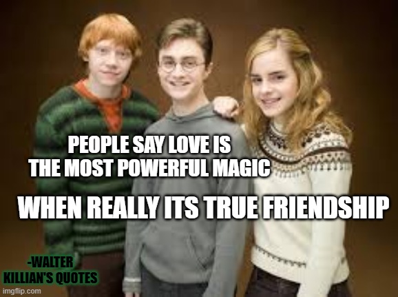 Friendship Magic | PEOPLE SAY LOVE IS THE MOST POWERFUL MAGIC; WHEN REALLY ITS TRUE FRIENDSHIP; -WALTER KILLIAN'S QUOTES | image tagged in harry potter,friendship magic,walter killian's quotes | made w/ Imgflip meme maker