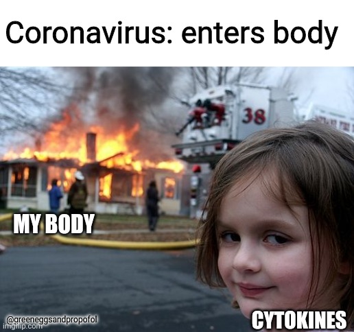 House burning | Coronavirus: enters body; MY BODY; CYTOKINES; @greeneggsandpropofol | image tagged in house burning,memes,covid-19,healthcare | made w/ Imgflip meme maker