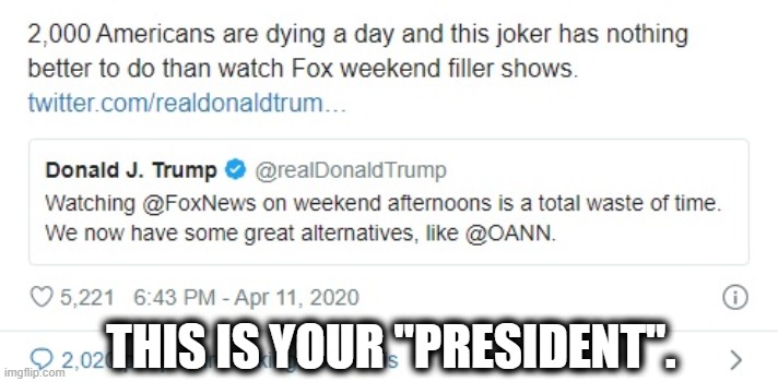 I'd be embarrassed to support that sh!t. | THIS IS YOUR "PRESIDENT". | image tagged in donald trump,traitor,coronavirus,death,fox news,fake president | made w/ Imgflip meme maker