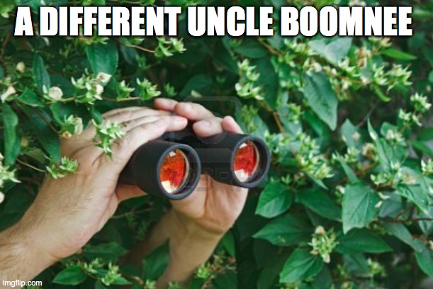uncle boomnee | A DIFFERENT UNCLE BOOMNEE | image tagged in creepy guy in the bushes with binoculars | made w/ Imgflip meme maker