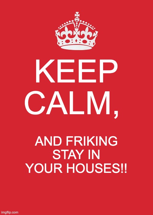 Keep Calm And Carry On Red Meme | KEEP CALM, AND FRIKING STAY IN YOUR HOUSES!! | image tagged in memes,keep calm and carry on red | made w/ Imgflip meme maker