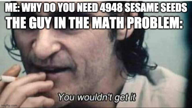 You wouldn't get it | ME: WHY DO YOU NEED 4948 SESAME SEEDS; THE GUY IN THE MATH PROBLEM: | image tagged in you wouldn't get it | made w/ Imgflip meme maker