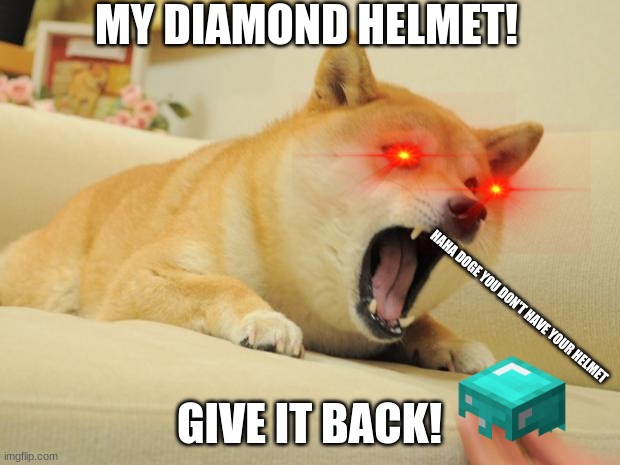 ANGRY DOGE | MY DIAMOND HELMET! HAHA DOGE YOU DON'T HAVE YOUR HELMET; GIVE IT BACK! | image tagged in angry doge | made w/ Imgflip meme maker