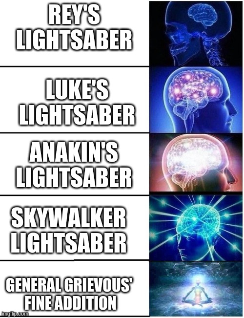 Expanding Brain 5 Panel | REY'S LIGHTSABER; LUKE'S LIGHTSABER; ANAKIN'S LIGHTSABER; SKYWALKER LIGHTSABER; GENERAL GRIEVOUS'
 FINE ADDITION | image tagged in expanding brain 5 panel | made w/ Imgflip meme maker