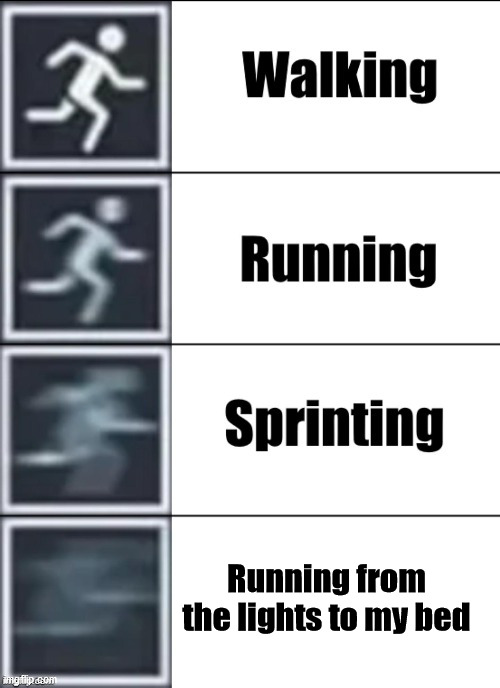 Very Fast | Running from the lights to my bed | image tagged in very fast | made w/ Imgflip meme maker