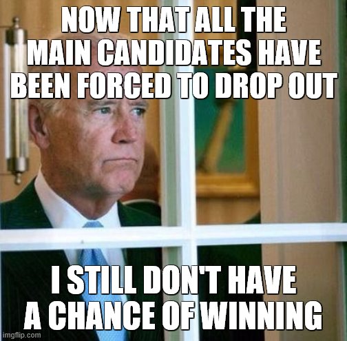 Sad Joe Biden | NOW THAT ALL THE MAIN CANDIDATES HAVE BEEN FORCED TO DROP OUT; I STILL DON'T HAVE A CHANCE OF WINNING | image tagged in sad joe biden | made w/ Imgflip meme maker