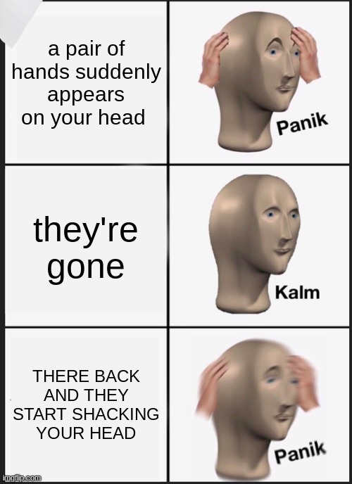 Panik Kalm Panik Meme | a pair of hands suddenly appears on your head; they're gone; THERE BACK AND THEY START SHACKING YOUR HEAD | image tagged in memes,panik kalm panik | made w/ Imgflip meme maker