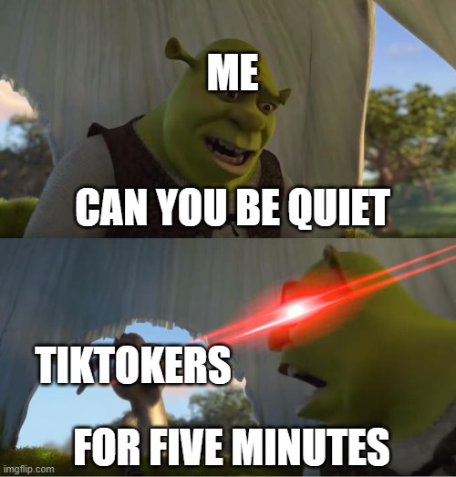 Shrek For Five Minutes | ME; CAN YOU BE QUIET; TIKTOKERS; FOR FIVE MINUTES | image tagged in shrek for five minutes | made w/ Imgflip meme maker