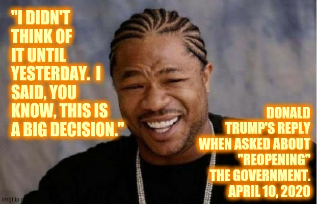 Grandpa Lost His Marbles | "I DIDN'T THINK OF IT UNTIL YESTERDAY.  I SAID, YOU KNOW, THIS IS A BIG DECISION."; DONALD TRUMP'S REPLY WHEN ASKED ABOUT "REOPENING" THE GOVERNMENT. APRIL 10, 2020 | image tagged in memes,yo dawg heard you,trump unfit unqualified dangerous,covid-19,trump is a moron,liar in chief | made w/ Imgflip meme maker