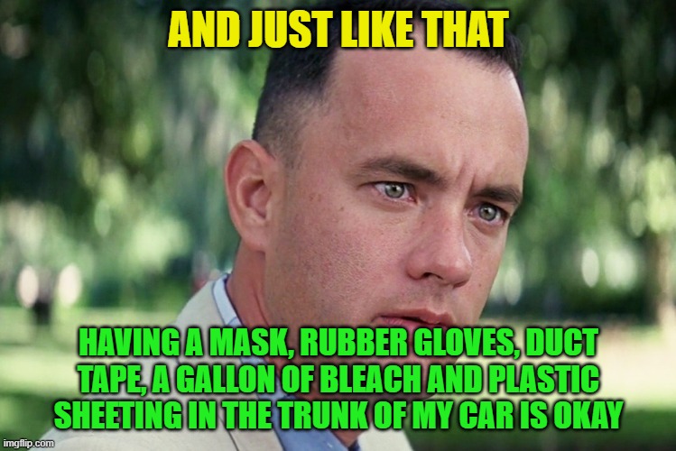 And just like that | AND JUST LIKE THAT; HAVING A MASK, RUBBER GLOVES, DUCT TAPE, A GALLON OF BLEACH AND PLASTIC SHEETING IN THE TRUNK OF MY CAR IS OKAY | image tagged in memes,and just like that | made w/ Imgflip meme maker
