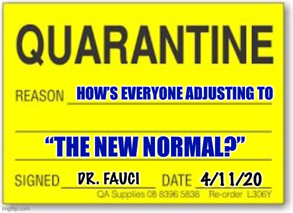 For us, it was a rough adjustment at first, but we’re doing better. How’s everyone hanging in there? | HOW’S EVERYONE ADJUSTING TO; “THE NEW NORMAL?”; DR. FAUCI; 4/11/20 | image tagged in quarantine,covid-19,coronavirus,2020,pandemic,normal | made w/ Imgflip meme maker