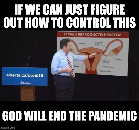 Jason Kenney - Reproduction | IF WE CAN JUST FIGURE OUT HOW TO CONTROL THIS; GOD WILL END THE PANDEMIC | image tagged in jason kenney,abortion,conservative,ucp,reproductive rights,covid-19 | made w/ Imgflip meme maker