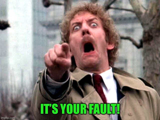 Screaming Donald Sutherland | IT’S YOUR FAULT! | image tagged in screaming donald sutherland | made w/ Imgflip meme maker