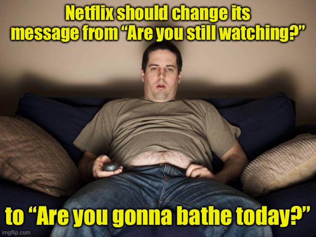 April 2020: National binge watching month | Netflix should change its message from “Are you still watching?”; to “Are you gonna bathe today?” | image tagged in lazy fat guy on the couch,quarantine,netflix | made w/ Imgflip meme maker