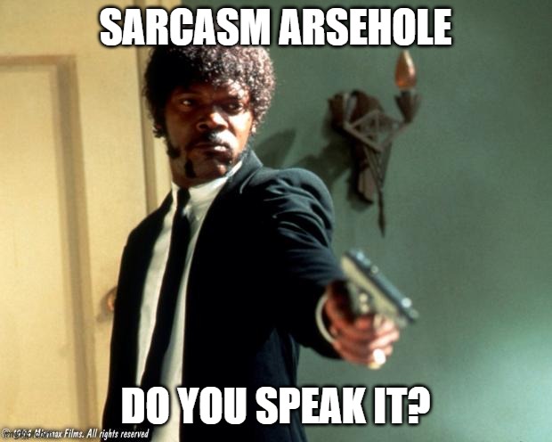 English do you speak it  | SARCASM ARSEHOLE; DO YOU SPEAK IT? | image tagged in english do you speak it,sarcasm,sarcastic,pulp fiction | made w/ Imgflip meme maker