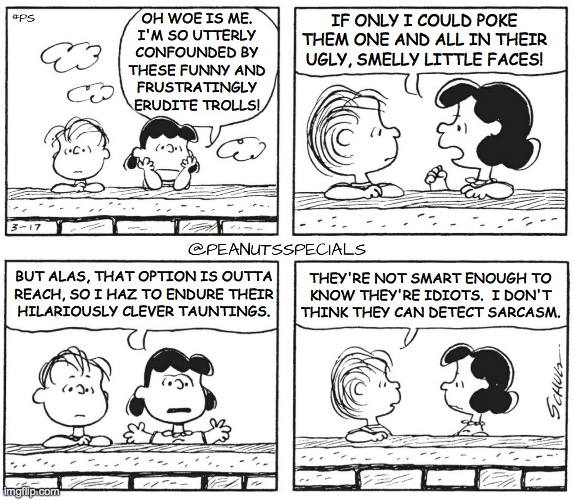 Linus and Lucy in 'imgflip and the troll problem'  ( : | IF ONLY I COULD POKE
THEM ONE AND ALL IN THEIR
UGLY, SMELLY LITTLE FACES! OH WOE IS ME.
I'M SO UTTERLY
CONFOUNDED BY
THESE FUNNY AND
FRUSTRATINGLY
ERUDITE TROLLS! THEY'RE NOT SMART ENOUGH TO
KNOW THEY'RE IDIOTS.  I DON'T
THINK THEY CAN DETECT SARCASM. BUT ALAS, THAT OPTION IS OUTTA
REACH, SO I HAZ TO ENDURE THEIR
HILARIOUSLY CLEVER TAUNTINGS. | image tagged in memes,poo birds,linus and lucy,sarcasm test take one | made w/ Imgflip meme maker