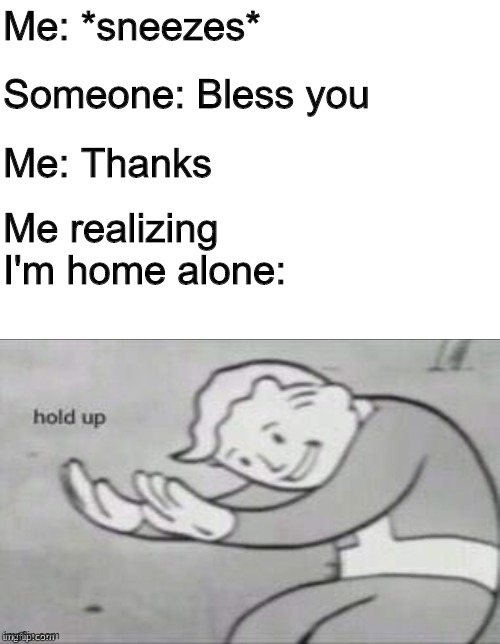 Hold up | Someone: Bless you; Me: *sneezes*; Me: Thanks; Me realizing I'm home alone: | image tagged in hold up | made w/ Imgflip meme maker