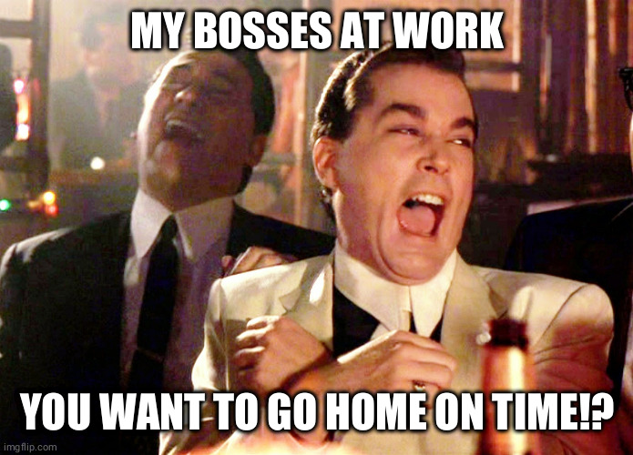 Good Fellas Hilarious Meme | MY BOSSES AT WORK; YOU WANT TO GO HOME ON TIME!? | image tagged in memes,good fellas hilarious | made w/ Imgflip meme maker