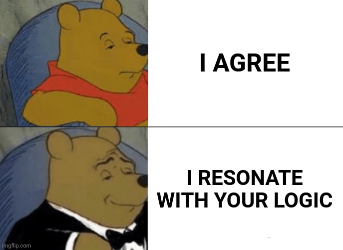Tuxedo Winnie The Pooh | I AGREE; I RESONATE WITH YOUR LOGIC | image tagged in memes,tuxedo winnie the pooh | made w/ Imgflip meme maker