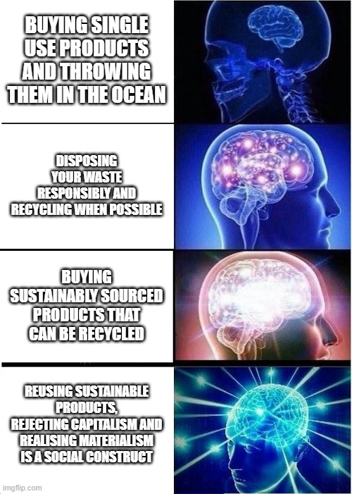 Expanding Brain Meme | BUYING SINGLE USE PRODUCTS AND THROWING THEM IN THE OCEAN; DISPOSING YOUR WASTE RESPONSIBLY AND RECYCLING WHEN POSSIBLE; BUYING SUSTAINABLY SOURCED PRODUCTS THAT CAN BE RECYCLED; REUSING SUSTAINABLE PRODUCTS, REJECTING CAPITALISM AND REALISING MATERIALISM IS A SOCIAL CONSTRUCT | image tagged in memes,expanding brain | made w/ Imgflip meme maker