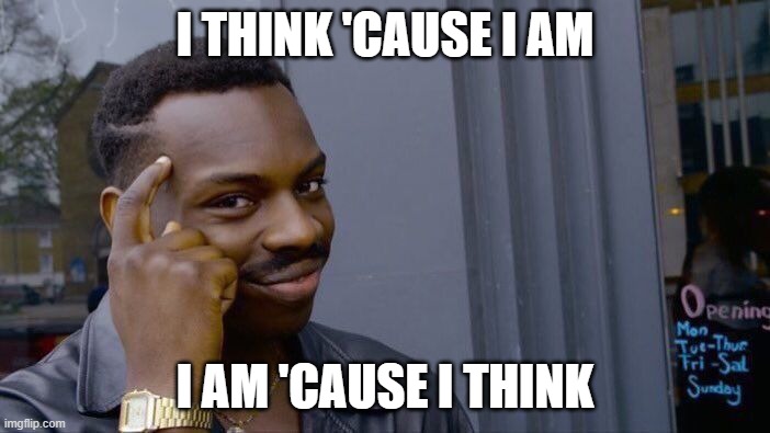 Roll Safe Think About It | I THINK 'CAUSE I AM; I AM 'CAUSE I THINK | image tagged in memes,roll safe think about it | made w/ Imgflip meme maker