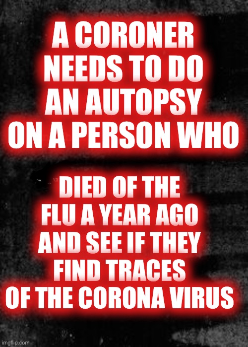 It’s Been Here Longer Than We Think | A CORONER NEEDS TO DO AN AUTOPSY ON A PERSON WHO; DIED OF THE FLU A YEAR AGO AND SEE IF THEY FIND TRACES OF THE CORONA VIRUS | image tagged in and then,who is responsible,who has profited off it | made w/ Imgflip meme maker