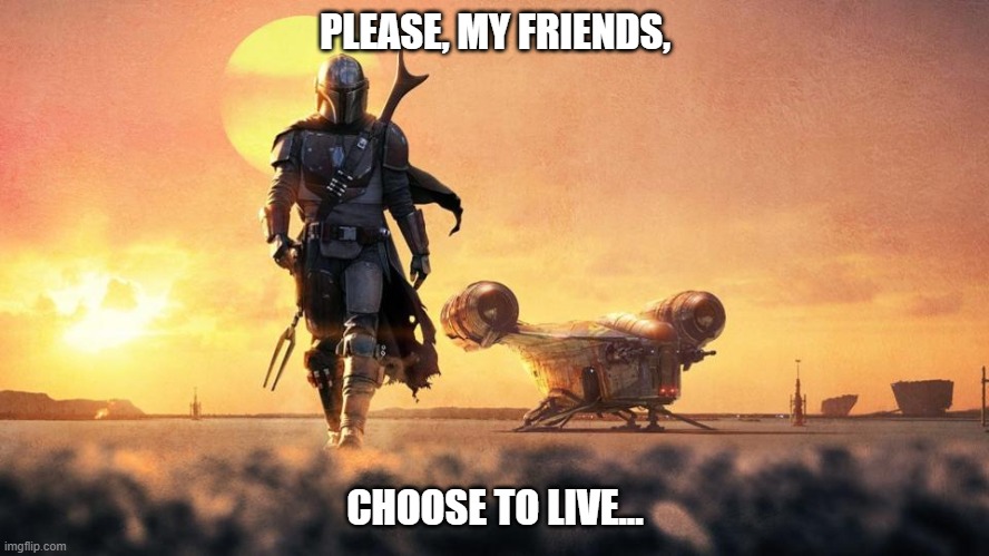 Mandalorian | PLEASE, MY FRIENDS, CHOOSE TO LIVE... | image tagged in mandalorian | made w/ Imgflip meme maker