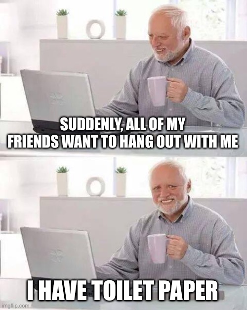 Sudden popularity | SUDDENLY, ALL OF MY FRIENDS WANT TO HANG OUT WITH ME; I HAVE TOILET PAPER | image tagged in memes,hide the pain harold | made w/ Imgflip meme maker