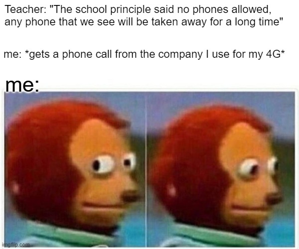 Monkey Puppet Meme | Teacher: "The school principle said no phones allowed, any phone that we see will be taken away for a long time"; me: *gets a phone call from the company I use for my 4G*; me: | image tagged in memes,monkey puppet | made w/ Imgflip meme maker