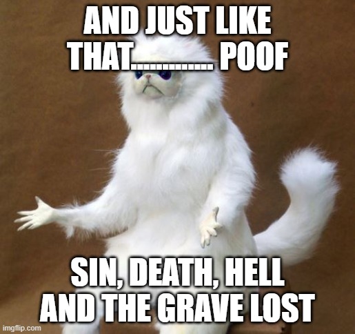 Persian white monkey | AND JUST LIKE THAT............. POOF; SIN, DEATH, HELL AND THE GRAVE LOST | image tagged in persian white monkey | made w/ Imgflip meme maker