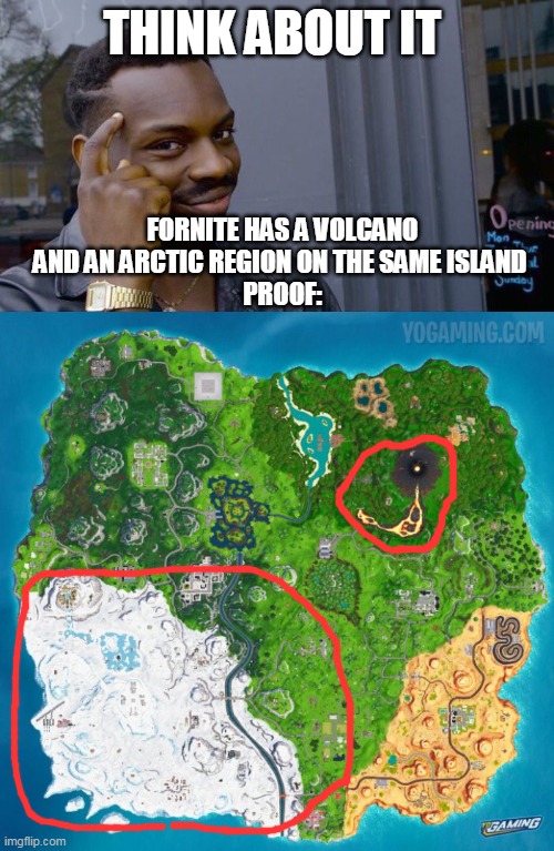 THINK ABOUT IT; FORNITE HAS A VOLCANO AND AN ARCTIC REGION ON THE SAME ISLAND 
PROOF: | image tagged in memes,roll safe think about it | made w/ Imgflip meme maker